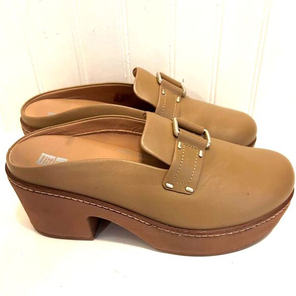FitFlop Stud-Buckle Leather Platform Tan Mules - Size 7 - Picture 6 of 7